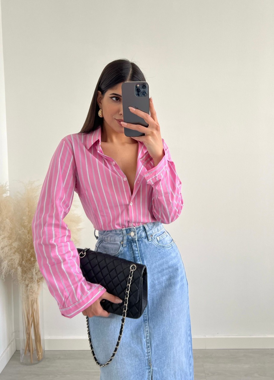 Vestiario Musthave33 | Camicia Bacchettata Rosa A Righe Blu