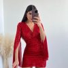 Vestiario Musthave33 | Abito In Paillettes Con Manica Aperta Rosso