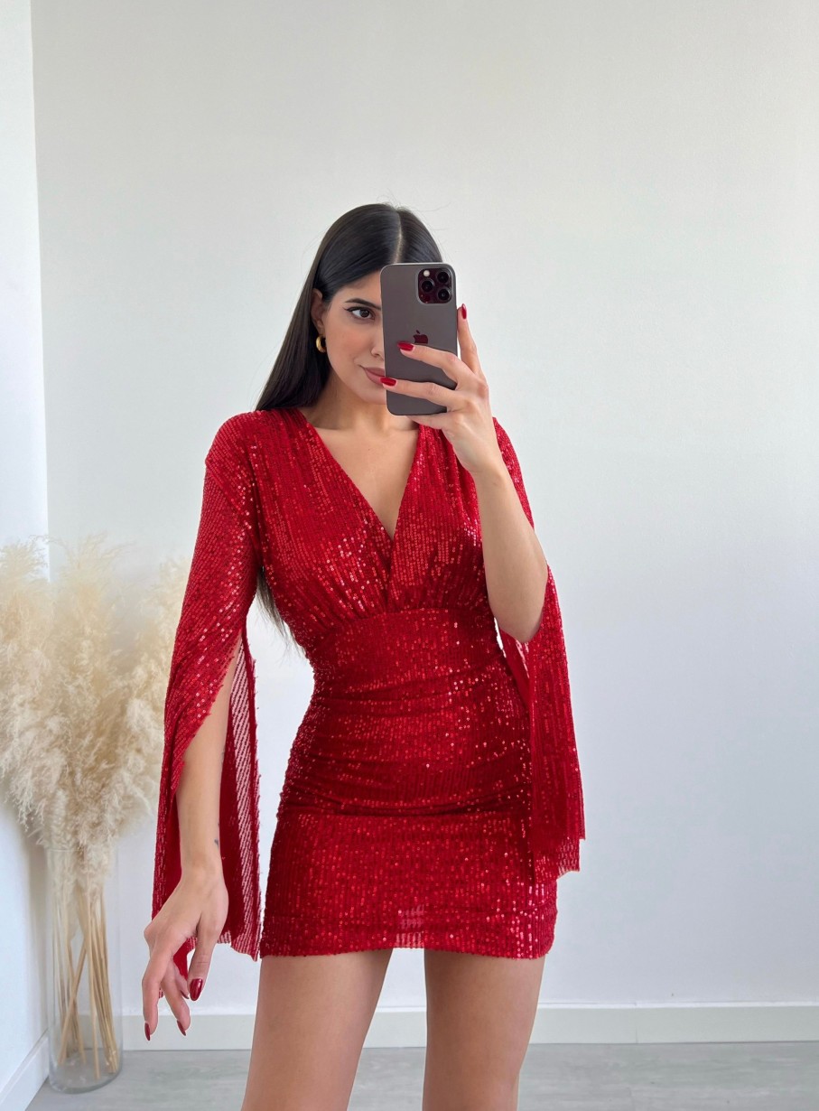 Vestiario Musthave33 | Abito In Paillettes Con Manica Aperta Rosso