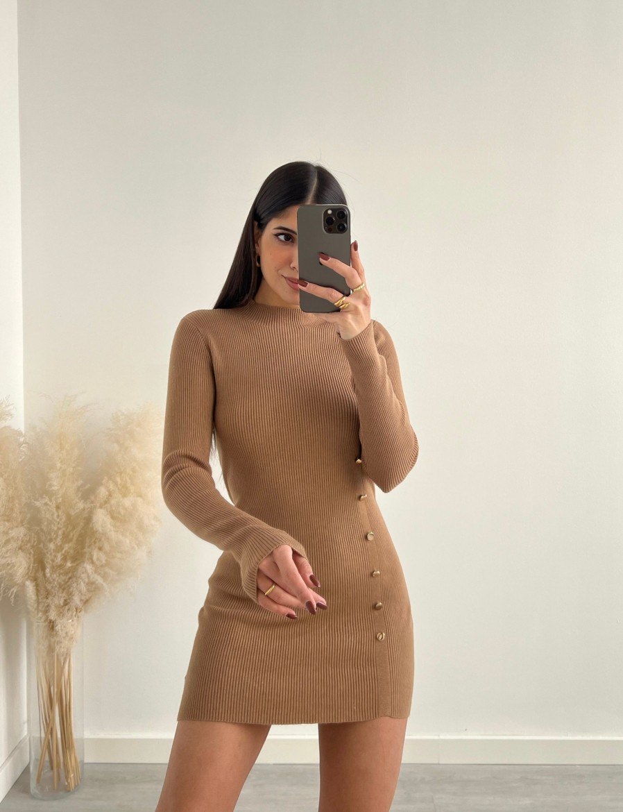 Vestiario Musthave33 | Mini Dress In Maglia Con Bottoni Camel