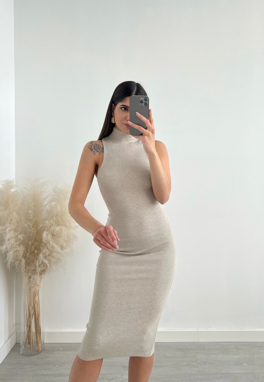 Vestiario Musthave33 | Abito In Maglia A Collo Alto Smanicato Beige